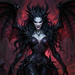 very complex hyper-maximalist overdetailed cinematic darkfantasy portrait of a malignant beautiful dragon queen with long black hair and wings, pale skin and dark eyes, grinning angry confused, gothic, vibrant high contrast, by andrei riabovitchev, tomasz alen kopera, oleksandra shchaslyva. Omnious intricate, octane, Deviantart, hyper detailed illustration, 8k