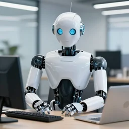 A photorealistic picture of a robot co-worker.