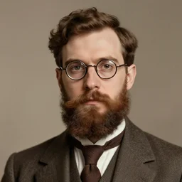 A vintage portrait of an attractive three-eyed bearded brown-haired man wearing glasses