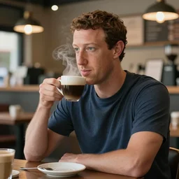Mark Zuckerberg chilling in a coffee shop sipping on his hot steaming coffee, hyperdetailed, artstation, cgsociety, 8k