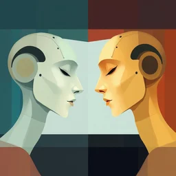 a digital painting depicting a two ai android facing each other while their eyes are closed cubism futurism minimalism