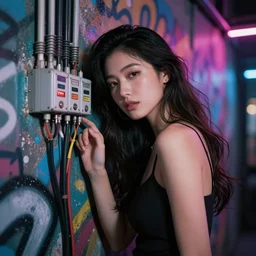 dramatic lighting, beauty woman leaning against a wall, neon wall graffiti, very detailed, electrical  details, high details, 4k, 8k, trending on artstation, by Hajime Sorayama and Paolo Eleuteri Serpieri
