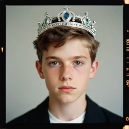 kodak portra 4 0 0, 8 k, highly detailed, britt marling style 3 / 4 photographic close, medium format, press award winning portrait of a handsome boy with a silver crown, up face with 1 9 2 0 s hairstyle, 1 9 2 0 s style, symmetrical, hasselblad x 1 d - 5 0 c, 1 0 0 mm f 1. 8, soft light