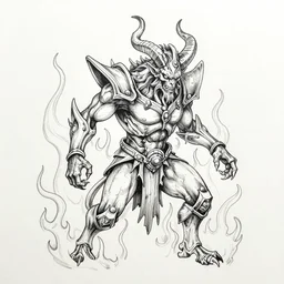 detailed horned demon in heroic pose, engulfed in flames, ink drawing