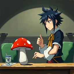 anime oil painting of sokka cross - examining a mushroom in court