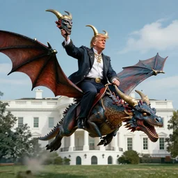 viking holding the severed head of donald trump rides a dragon flying over the white house, highly detailed, concept art, art by wlop and artgerm and greg rutkowski, masterpiece, trending on artstation, 8 k