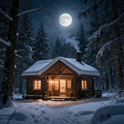 Cabin in the woods, photorealistic, nighttime, bright moon, snow, snowy trees, snow storm, Lights from inside the house, raytracing, godrays, smokey chimney, cozy, forest, trees, extremely-detailed digital art, Trending on art station, 8k