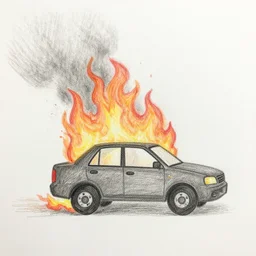 car on fire, primitive colored pencil drawing