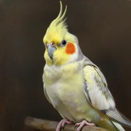 A masterpiece portrait of a modern lutino cockatiel by Rembrandt, dramatic lighting, oil on canvas