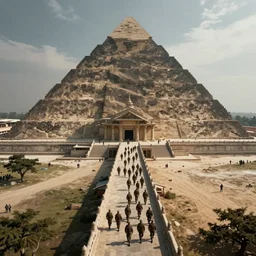 many soliders marching in formation on a bridge leading to a gigantic pyramid temple, aerial shot, by martin deschambault