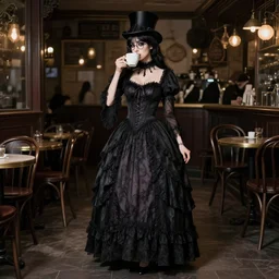 full body portrait photo of reol wearing a elegant gothic dress, open top, wearing a tophat, and glasses. drinking coffee in a busy vintage cafe. studio lighting, at night, realism, realitic, ( ( photograph ) ), moody, dramatic lighting