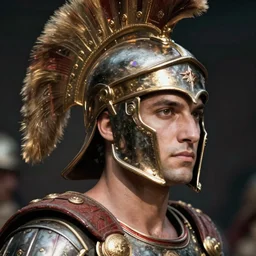 close - up portrait athenian warrior with helmet and armor, photograph by nobuyoshi araki
