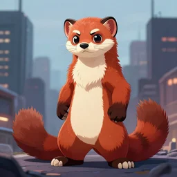 redblack stoat male furry _ fursona, coalpunk city background, mustelid furry _ character, photorealism