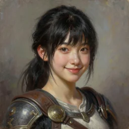 a _ fantasy _ style _ portrait _ painting _ of girl, ponytail black hair, smile, round face, rpg dnd oil _ painting _ unreal _ 5 _ daz. _ rpg _ portrait _ extremely _ detailed _ artgerm _ greg _ rutkowski _ greg