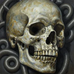 closeup of metalic mural, skull, coils, metal album cover, by giger, h.r giger, hr giger, highly detailed,soft lighting, film grain, medium format, 8k resolution, oil on canvas
