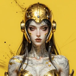 portrait of an evil beautiful woman, marble skin, golden helmet, golden splatters, high - tech, cyberpunk, by kim jung gi, irakli nadar, intricate linework, bright colors, octane render,