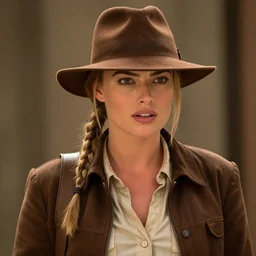 Margot Robbie as Indiana Jones, cinematic, realistic, detailed, portrait