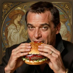portrait of a Frank Sinatra eating a hamburger, extra onions and ketchup, luscious patty with sesame seeds, masculine, handsome, D&D, fantasy, intricate, elegant, highly detailed, digital painting, artstation, concept art, matte, sharp focus, illustration, art by Artgerm and Greg Rutkowski and Alphonse Mucha