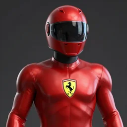 Tokusatsu character based on Ferrari, red metallic body, Ferrari logo on it's chest, motorcycle helmet, unreal engine, 3D model