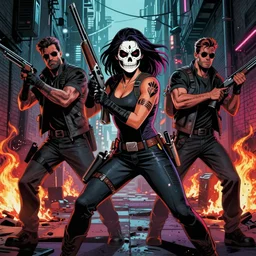 emale Samara Weaving with skull face paint, holding a shotgun,Tom Bagshaw, David Baldeon, Rafael Albuquerque comic art, in an action pose, in an alleyway during The Purge, night time dark with neon colors, fires, horror, Tom Bagshaw, David Baldeon, Rafael Albuquerque comic art