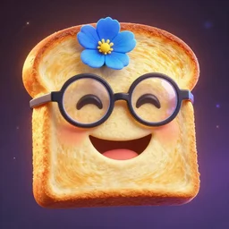 epic professional digital art of a smiling bread toast wearing glasses and a blue flower, best on artstation, cgsociety, wlop, cosmic, epic, stunning, gorgeous, much detail, much wow, masterpiece, backlight
