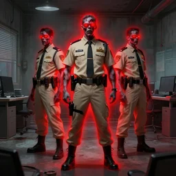 zombie security 1 9 4 0 officers with a glowing red aura in beige uniforms in a brutalist office setting trending on artstation digital painting