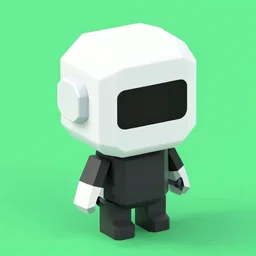 low poly render robot mascot large white head black torso in green background isometric 3 d 4 k ultra hd