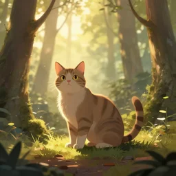 cat in the forest, warm backlighting, digital art, trending on artstation, fanart, by kawacy