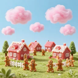 Village made of candy with gingerbread people and with pink cotton candy clouds in the sky realistic