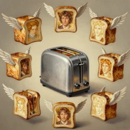 a hyper detailed painting of over a dozen flying toasters with wings, toaster appliance, absurd, illustration, digital painting, 8 k, fine detail, artstation, art by greg rutkowski, frank herbert, and alphonse mucha