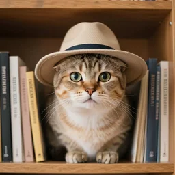 cat wearing a hat on a bookshelf