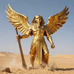golden war sphinx with 2 arms as a giant blade in the desert, full body concept, ornamented rusty golden wings on the back, sphinx concept, beksinski, ruan jia, warhammer tomb king