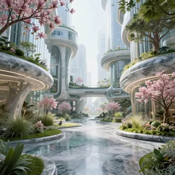 biophilic futuristic cyborg scifi architecture landscape city garden natural beautiful light interior soft cinematic composition, granite marble nebula magnolia flowers, water, glass walls, metallic, grass, exotic trees, modular buildings, vincent callebaut composition, 8 k, unreal engine, hdr