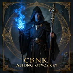 Front portrait of a hooded mage hold a blue fire and detailed staff, full body, fine art, awesome fantasy book cover on Pinterest, award winning, dark fantasy landscape, fantasy magic, intricate, elegant, sharp focus, cinematic lighting, highly detailed, digital painting, concept art, art by WLOP and Artgerm and Greg Rutkowski, masterpiece, trending on artstation, 8K