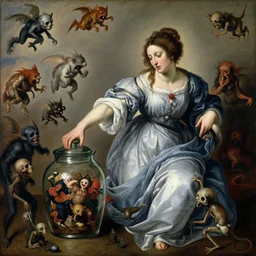 a painting of pandora opening her jar, releasing monsters and critters that impersonate sickness and death, misery, she is fully dressed, in the style of realism and a masterpiece by artemisia gentileschi, artemisia gentileschi, and egon schiele, critters flying around, the jar is clearly visible, her face is drawn by james jean