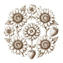 beautiful decorative classical ornament fibonacci rhythms, sunflowers, strawberries, four leaf clover, rose petals, leaves, stems, highly detailed etching, rendered in octane