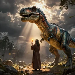 trex priest prays to dinosaur Jesus