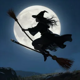 witch riding magical broomstick plays quidditch, her robes flapping in the wind, silhouetted against the full moon
