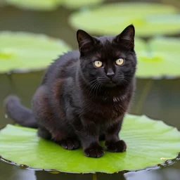 a tiny chubby black cat, fluffy, sitting on top of a lilypad in a pond