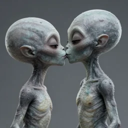 two grey aliens kissing