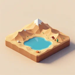 isometric 3d Render of island with desert and lake, island is on the center of an image, on the island there is mountains with sand, water, and house, no background, medium poly, blender eevee render