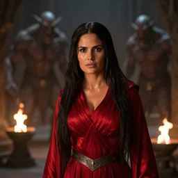 epic photo of salma hayek as beautiful wizard wearing a red satin robe and metal belt in lord of the rings with long straight black hair fighting the terrifying monstrous orcs in the mines of moria, sweaty, detailed eyes, neutral expression, shallow depth of field, photorealistic, cinematic lighting, lovely bokeh, dungeon setting, dark moody light, strong rim light, movie quality, fire light, flames, lord of the rings 1 9 8 5, movie still, cinematography by vittorio storaro