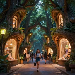 young woman walking down narrow crowded street between futuristic organic giant wooden tree shopfronts, night, organic bioluminescent street lights, forest canopy understory, cinematic lighting, octane render, 3 d pixar disney digital cgi rtx hdr painting, highly detailed, artstation cgsociety masterpiece, ridley scott, syd mead