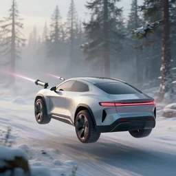 hovering futuristic suv designed by apple with a laser cannons drifting through tundra forest art by greg rutkowski and paul ozzimo, epic fantasy sci - fi volumetric light clear focus detailed unreal engine digital art trending on artstation deviantart octane render,