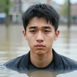 closeup potrait of young filipino man looking sad in flooded amsterdam, natural light light, sharp, detailed face, magazine, press, photo, Steve McCurry, David Lazar, Canon, Nikon, focus