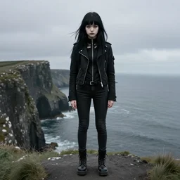 1 7 - year - old pale - skinned persian girl with black long bob cut, long bangs, black gothic jacket, black jeans, psychic girl, standing on cliff along the irish coast, overcast gray skies, ultra - realistic, sharp details, cold lighting, intricate details, art by william - adolphe bouguereau