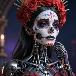 beautiful crying female android! deity, ( mechanical ), intricate, super highly detailed, global illumination, cinematic, ( el dia los muertos ), smooth, blade runner, photorealism, hd, 8 k, beautiful, cinematic, art by rossdraws and kuciara and moebius and rutkowski and artgerm and mucha and loish and wlop