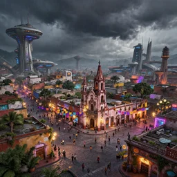 clean concept art of a post apocalyptic futuristic small mexican town cobbled kiosko central town square, studio ghibly and pixar, blade runner 2 0 4 9, san miguel de allende, hanging dia de muertos paper decorations, futuristic colonial city architecture, crowded, angled shot, environmental lighting, stormy weather, ray tracing, amazing view, highly detailed, neon shops, octane render, unreal engine 5, 4 k