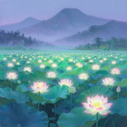 a landscape pastel in the style of noriyoshi ohrai and of a field of lotus flowers, glowing with iridescent mana. some misty mountains in the background. key art. 4 k retrofuturistic fantasy
