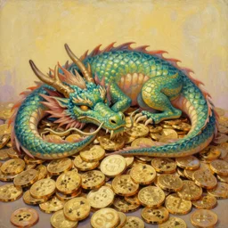 painting of a dragon sleeping on top of gold coins!! soft lighting, retro 8 0 s, colourful, realistic illustration, art by peter elson,